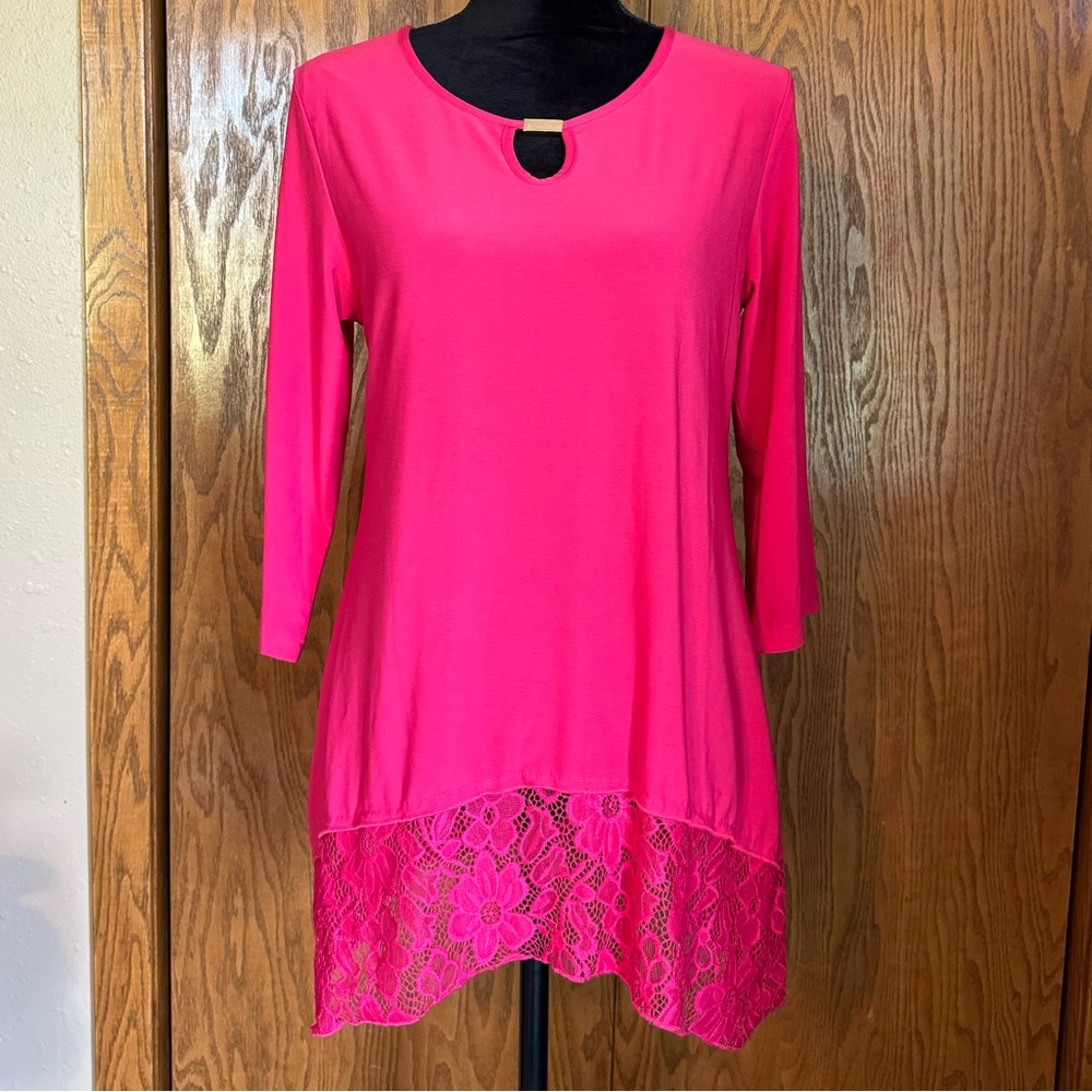 Women’s Creation Pink Keyhole Lace Bottom 3/4 Sleeve Blouse Size Small